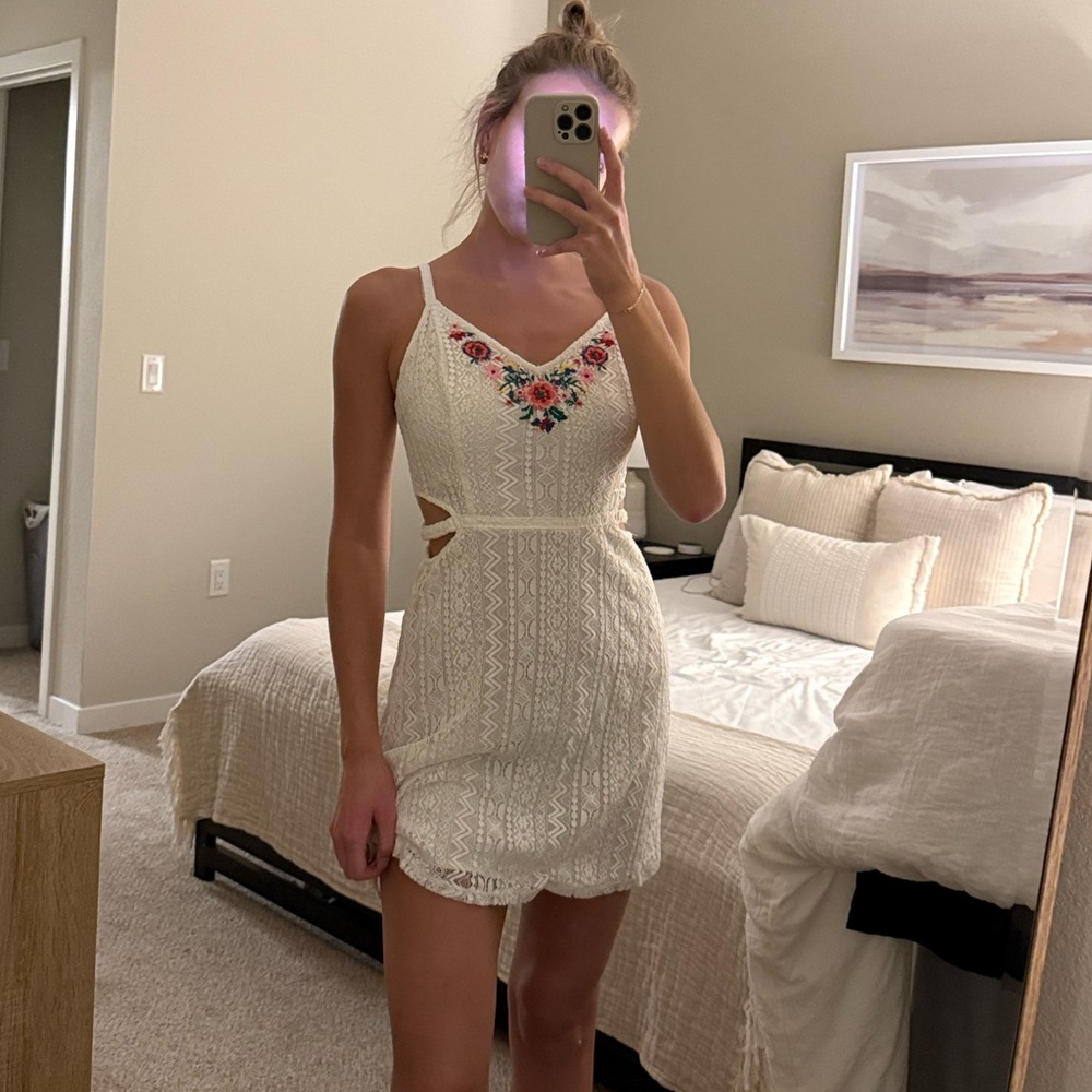 Hollister White Mini Dress with Floral Embroidery